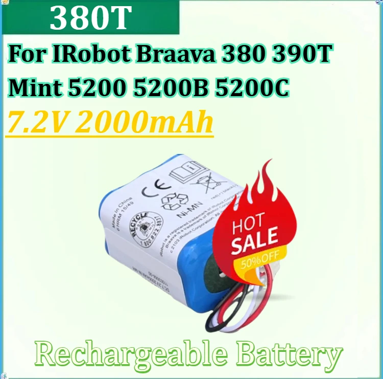 

7.2V 2000mAh 380T Vacuum Cleaner Battery for IRobot Braava 380 390T Mint 5200 5200B 5200C Upgraded 3500MAH NI-MH Battery