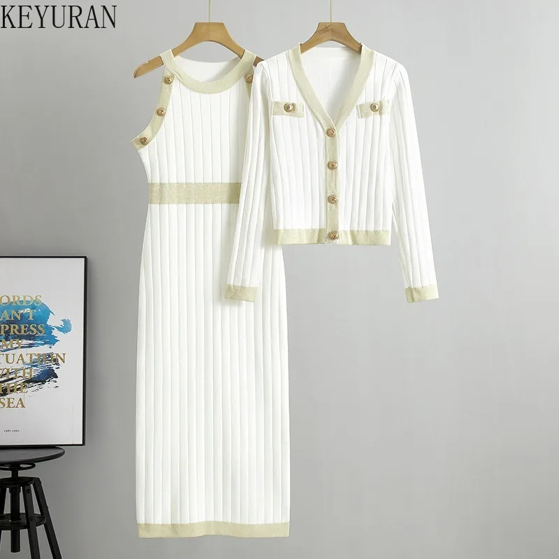 Autumn Winter Casual Two Piece Sets Women V-neck Long Sleeve Sweater Cardigan and Knitted Dress Fashion Office Lady Korean Suit