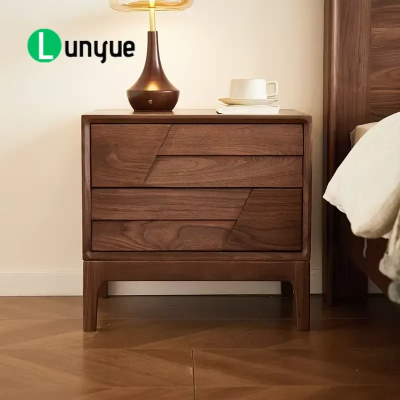 Mid Century Modern Pure Black Walnut Bedside Table with 2 Drawers Unique Beveled Handle for Apartment Hotel Bedroom Furniture