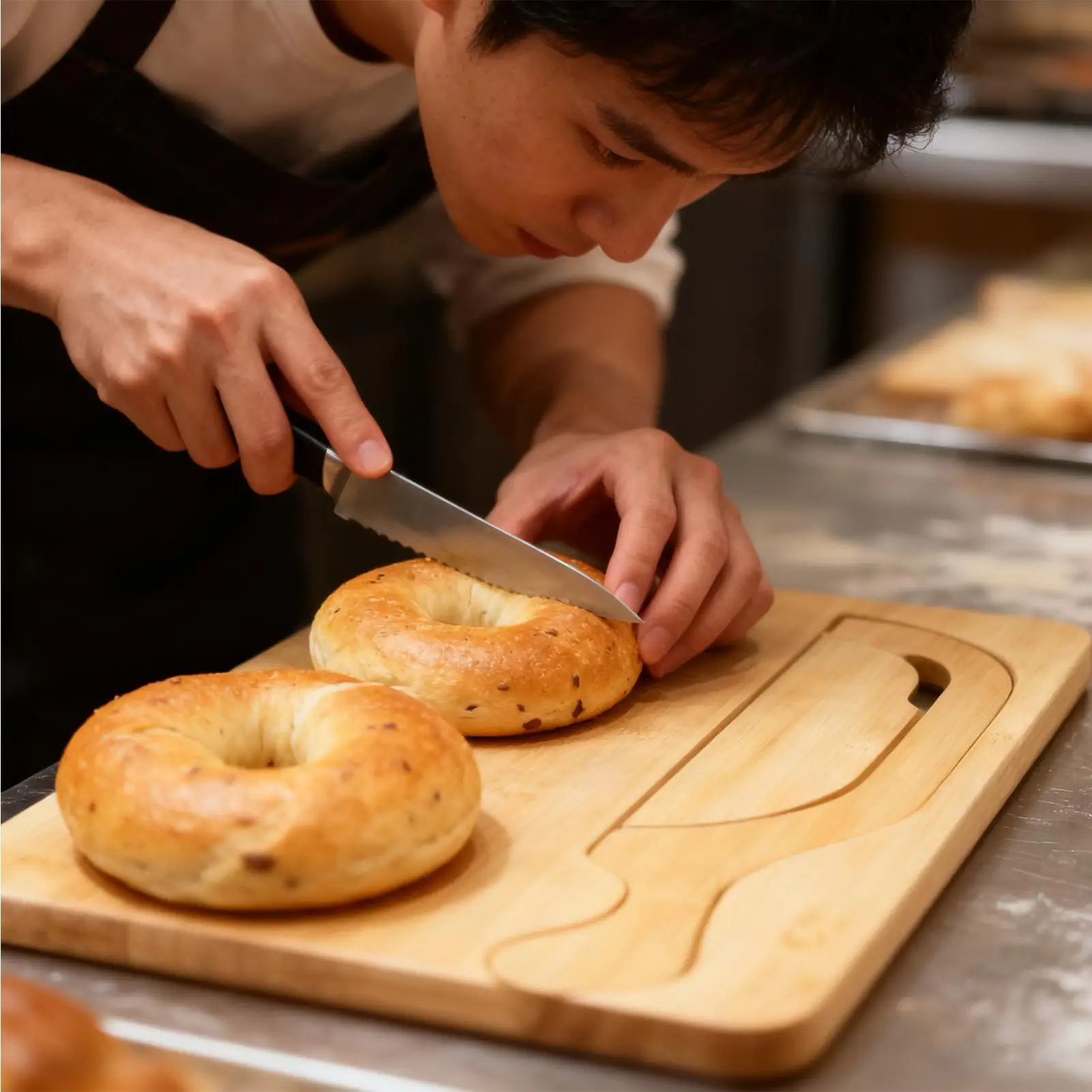 Bread Cutter for Sourdough Bow Shaped Stainless Cutter Wood Bread Serving Tray Set for Left and Right Hands Bagels French