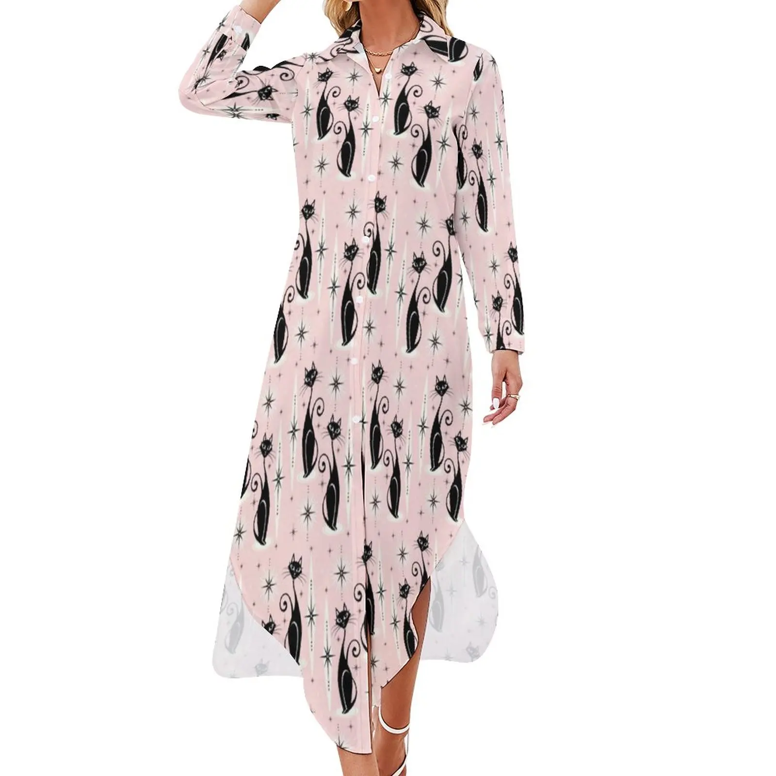 Retro Black Cat Casual Dress Mid Century Meow Street Fashion Dresses Long Sleeve Beach Women V Neck Print Oversize Chiffon Dress