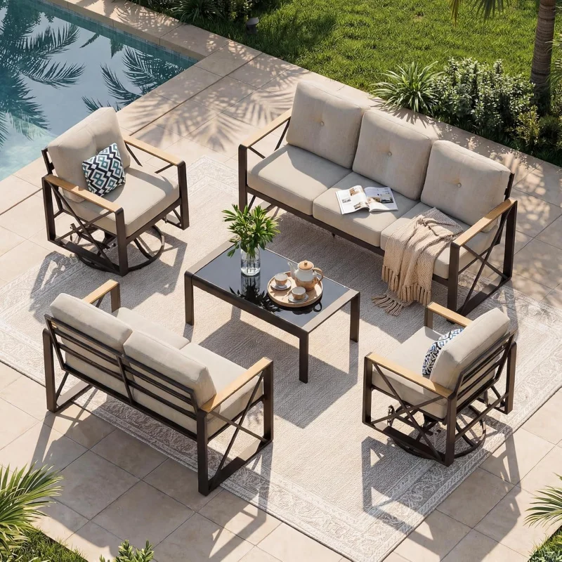 

2026：Patio , 5 Piece Outdoor Metal Furniture Set/Rocking Swivel Chairs, Seats Balcony Conversation Sets
