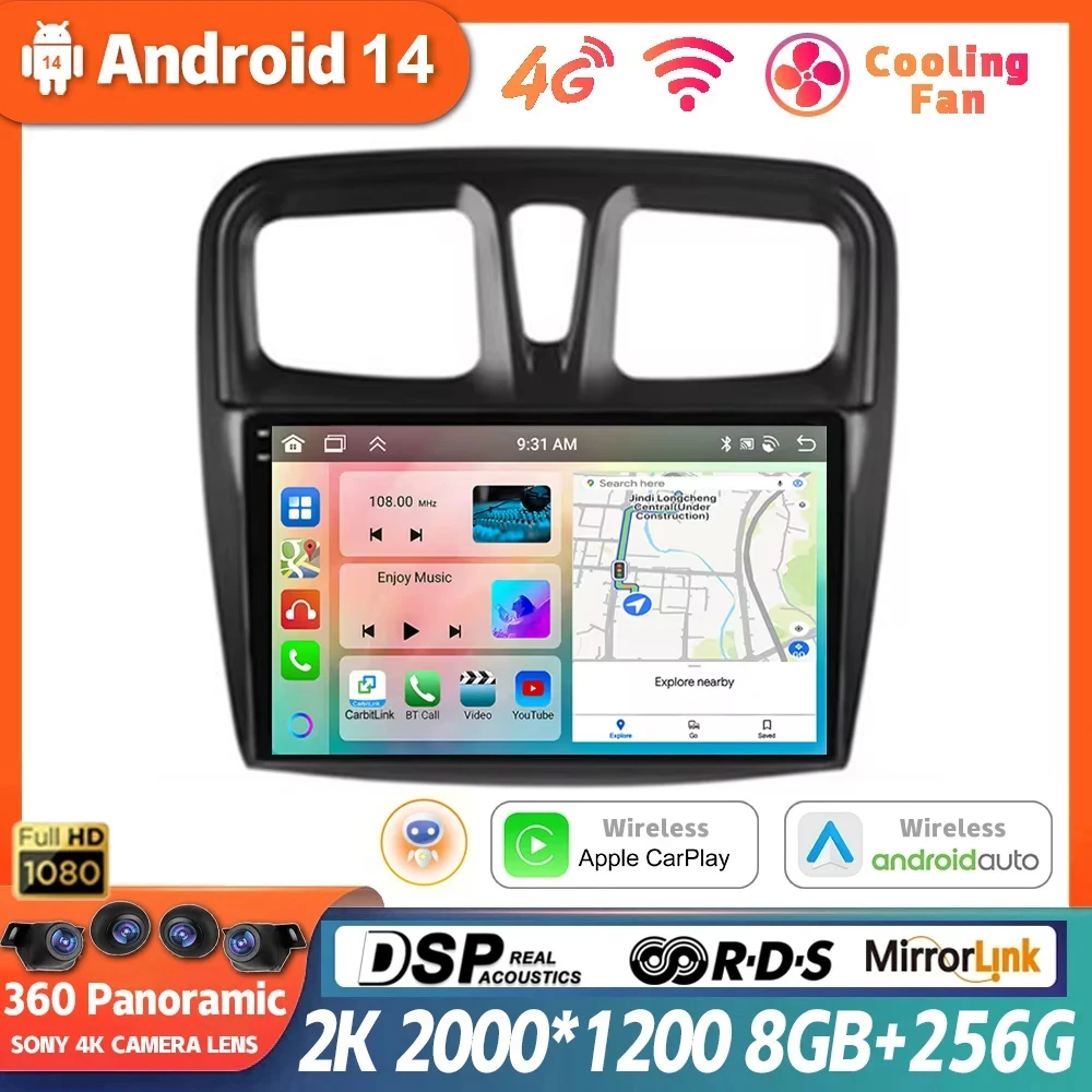 

Android 14 для Renault Logan 2 Sandero 2 2012-2019 4G Автомобильный мультимедийный плеер CarPlay Авторадио GPS 360 камера головное устройство навигация Wi-Fi