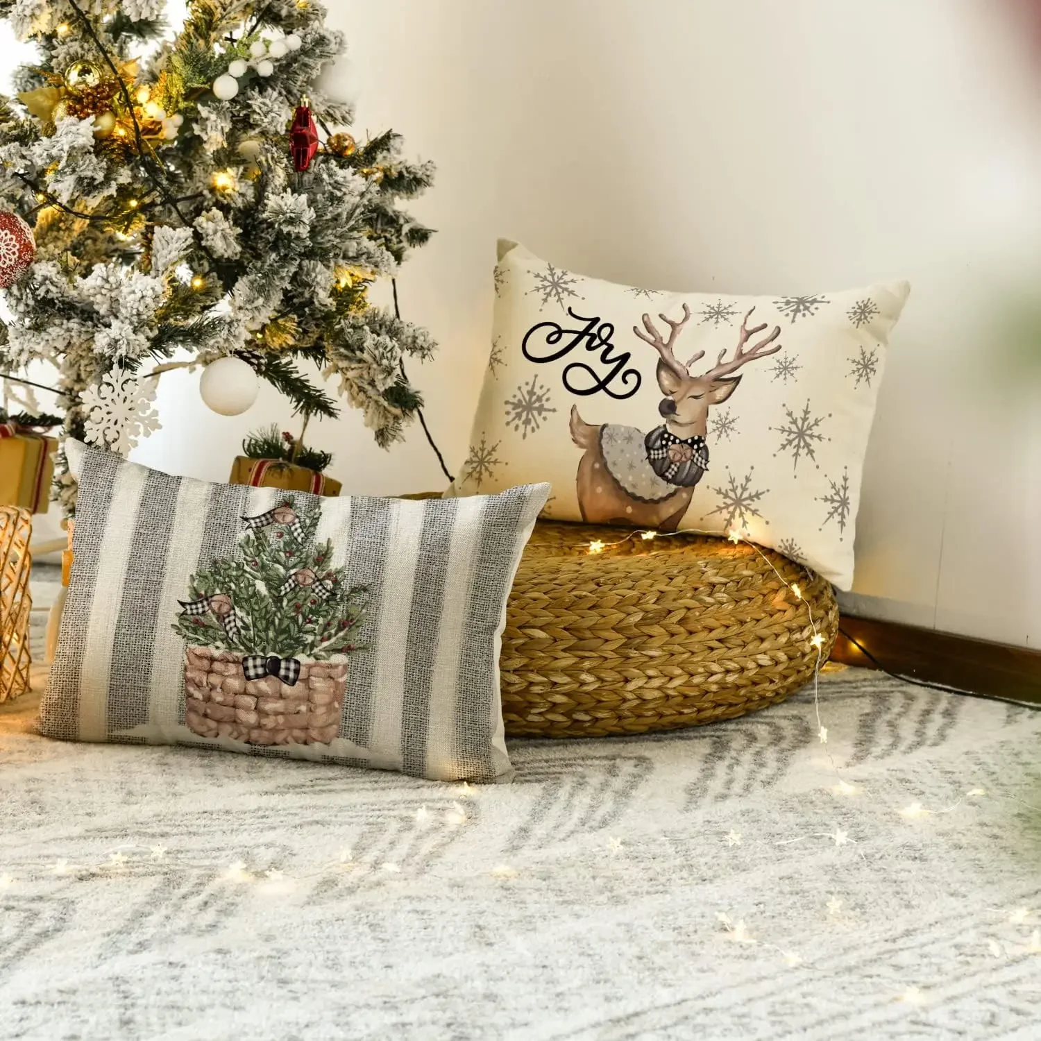 Christmas snowman reindeer pillow case, 30X50cm winter holiday striped cushion cover sofa waist pillowcase.