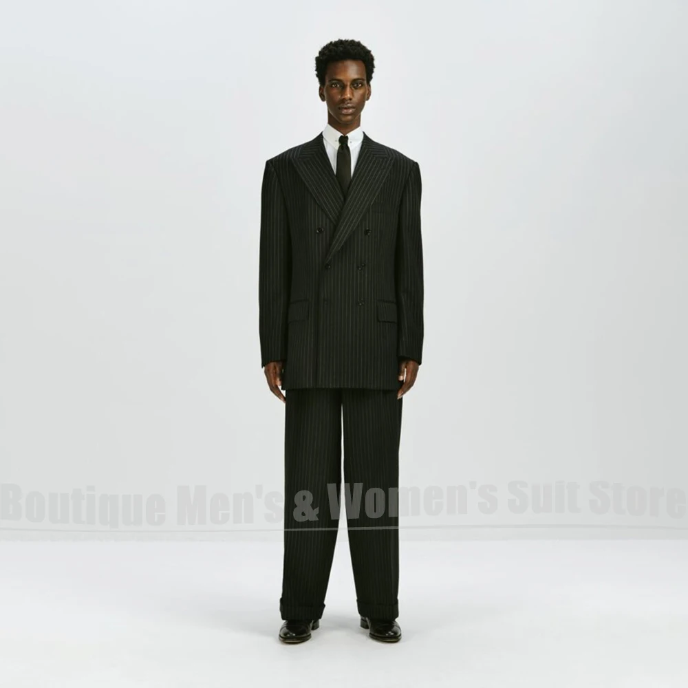 Men Striped Double Breasted Suit 2 Piece Peak Lapel Oversized Blazer Wide Leg Pants Wedding Formal Business Casual Outfit