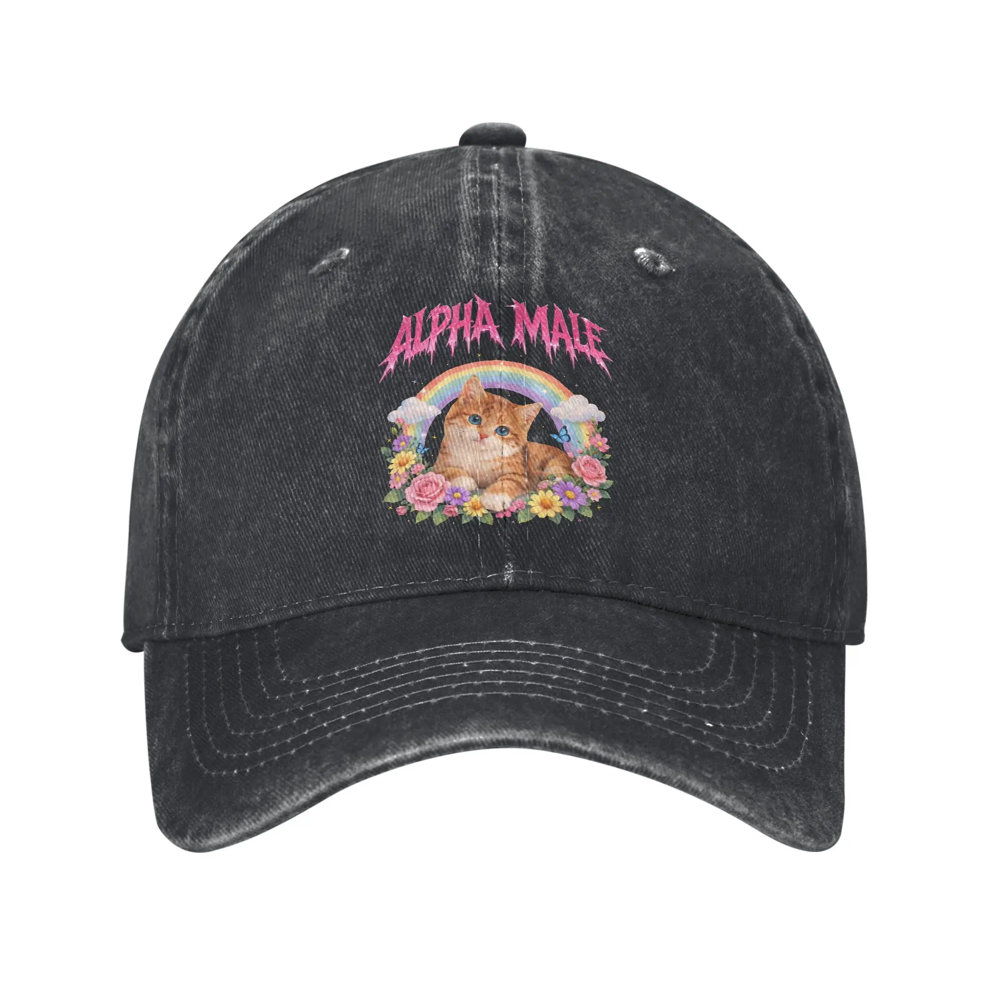 Alpha-Male Cat Funny Kitten Men Women Baseball Cap Rainbow Floral Distressed Denim Hats Cap Casual Outdoor Adjustable Headwear