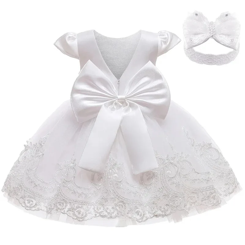 

Infant Baby Embroidery Gown Elegant Girl Dress Satin Big Bow Tulle Dress V Back Prom Wedding Birthday Party Formal Baptism Dress