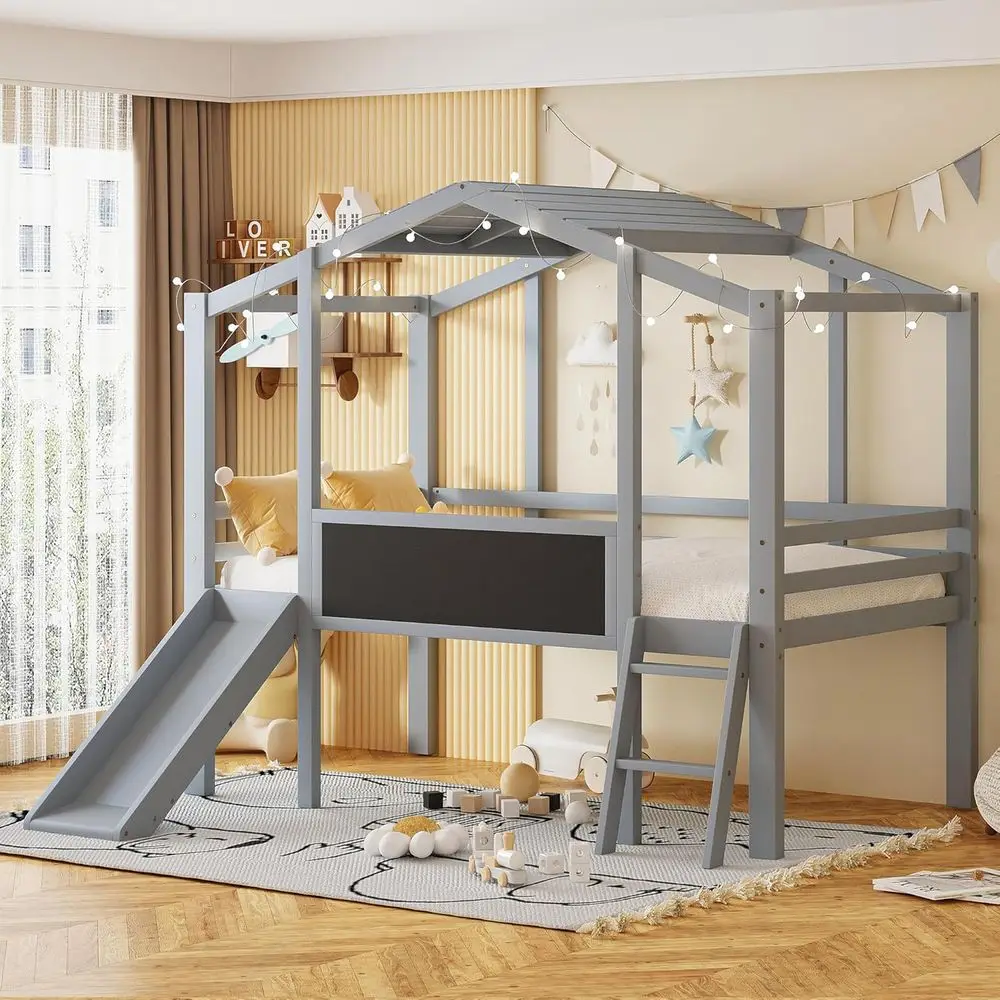 

Twin Size Wooden Play Loft Bed with Ladder, Slide, Chalkboard, and Light Strip (Gray)