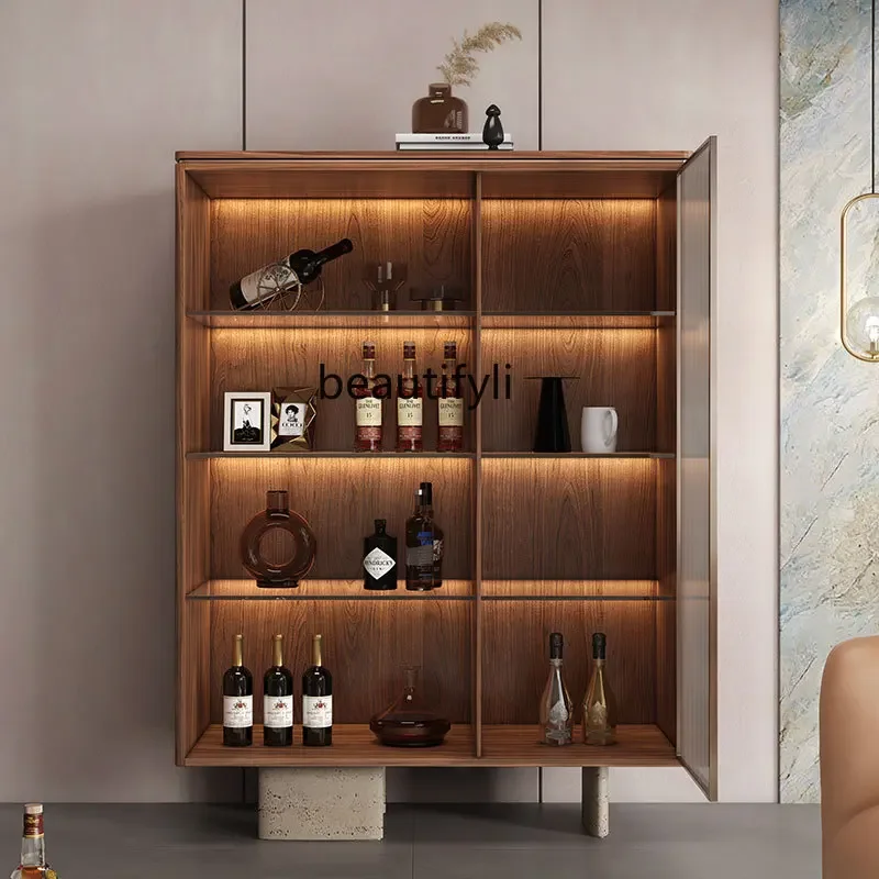 

Walnut wine cabinet light luxury high-end dining side cabinet living room wall storage glass wine cabinet