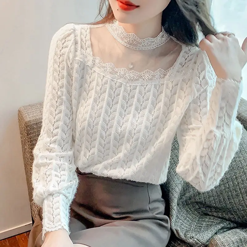 Sexy Gauze Hollow Out Lace Blouse Female Clothing Casual Half High Collar Basic Spring Autumn Stylish Commute Long Sleeve Shirt