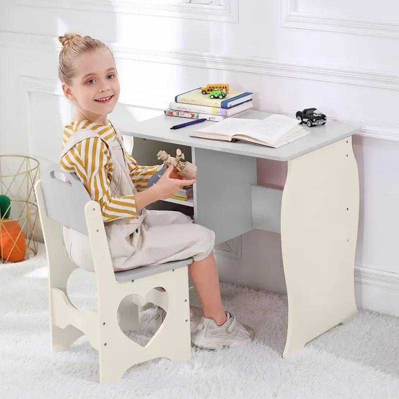 Children Study Desk with Storage Shelf, Wooden School Study Table, Writing Table for Home School Use (Grey Beige)