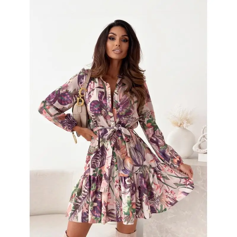 2024 automne nouveau Sle femmes irt Dr Street Sle taille moyenne en mousseline de soie longue Sve f col ouvert Busin décontracté Dr