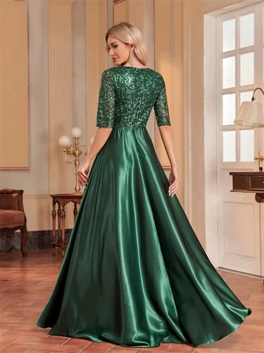 Imagen 2 del producto Vestido de noche de satén verde de manga corta de lujo con cuello en V, vestidos elegantes de lentejuelas para fiesta de graduación hasta el suelo para cóctel y graduación