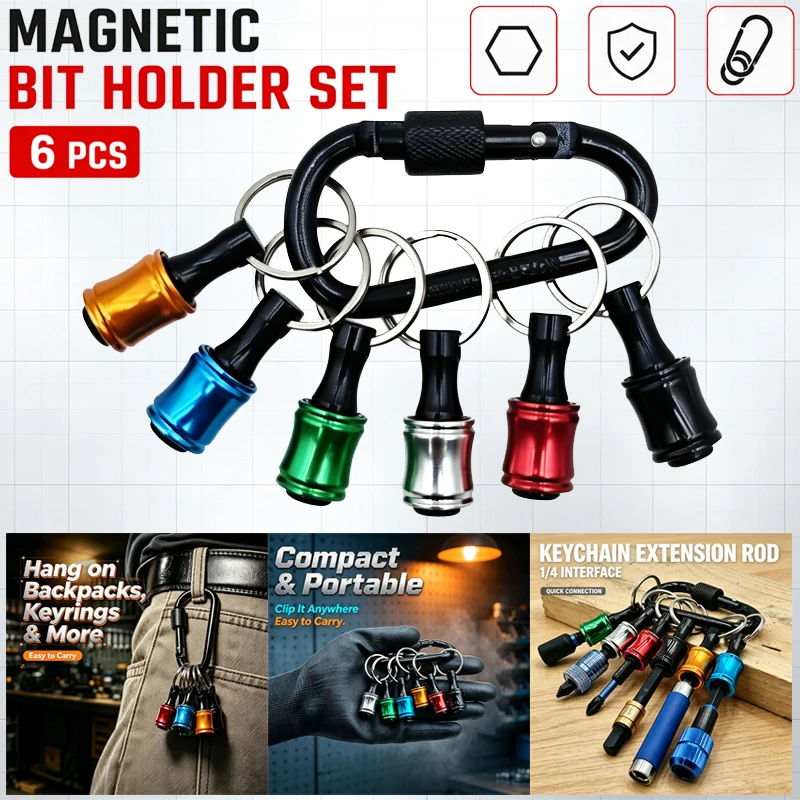 6Pcs Magnetic Bit Holder Keychain w/ Locking Carabiner 1/4