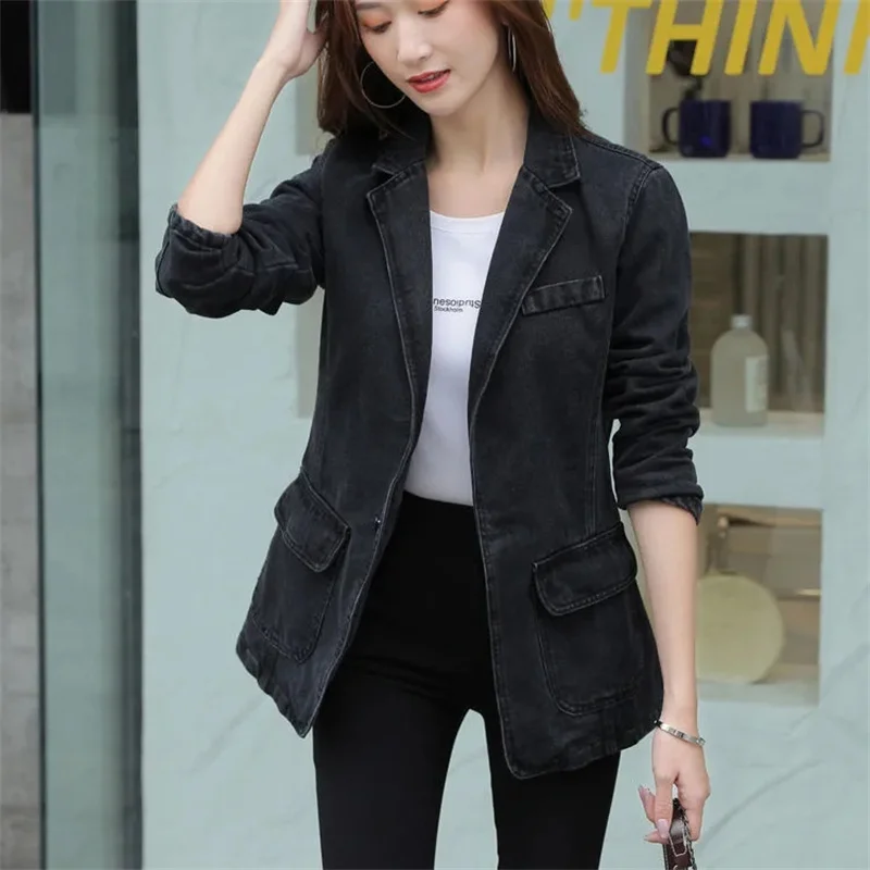 

Korean Feminine Casual Denim Coat 2025 Women Fashion Long Sleeves Jeans Outwear Spring Autumn Ladies Solid Color Cowboy Jacket