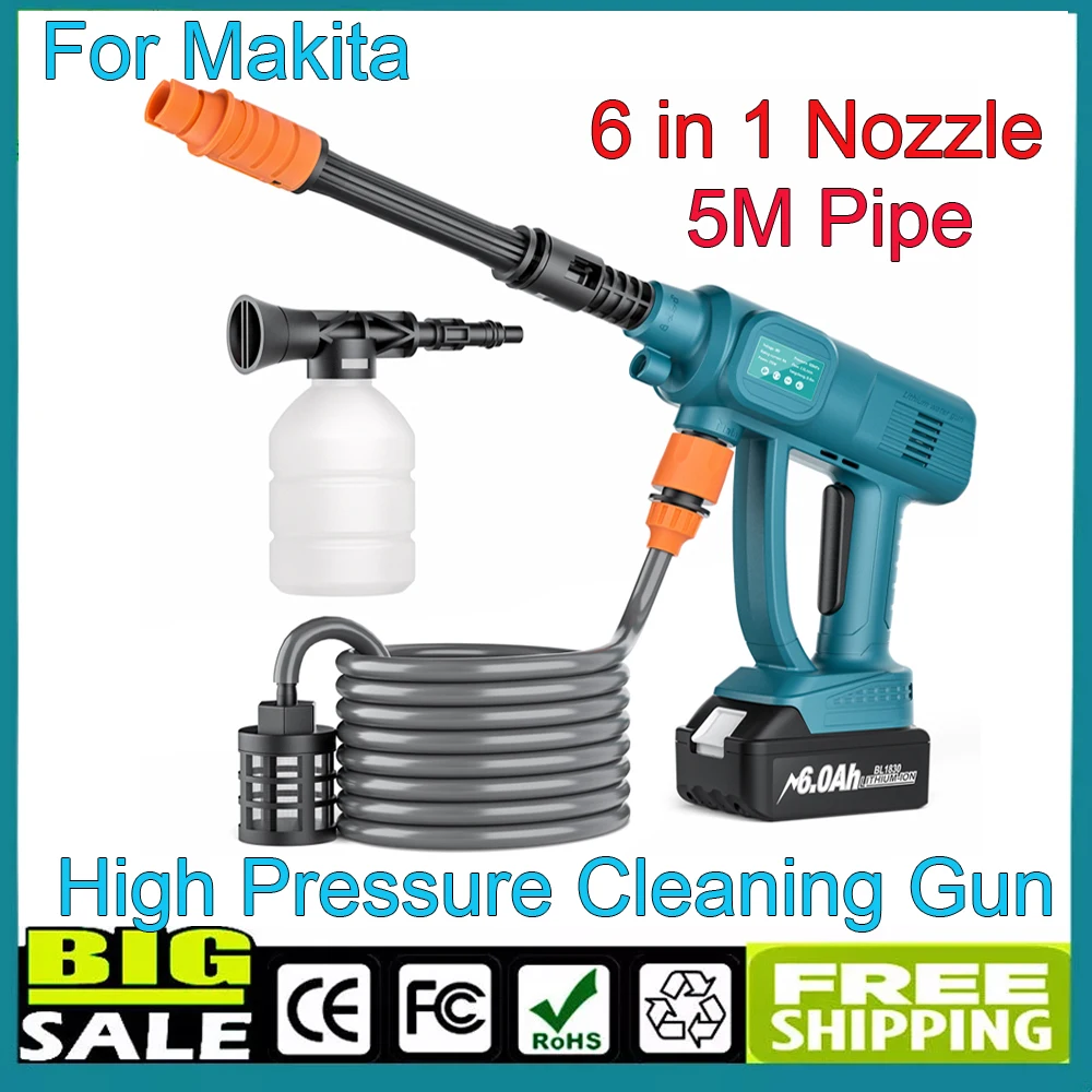 

High Pressure Cleaning Gun For Makita 18V Battery Tool Washing Machine Portable 6 in 1 Water Nozzle For Car Window Floor Washing