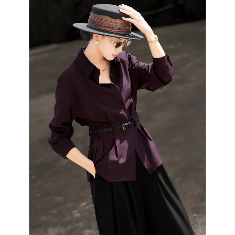 MEXCOCO 2026New Spring and Autumn Elegant Commuting Casual Slim-Fit Tie-Waist Solid Color Shirt Top