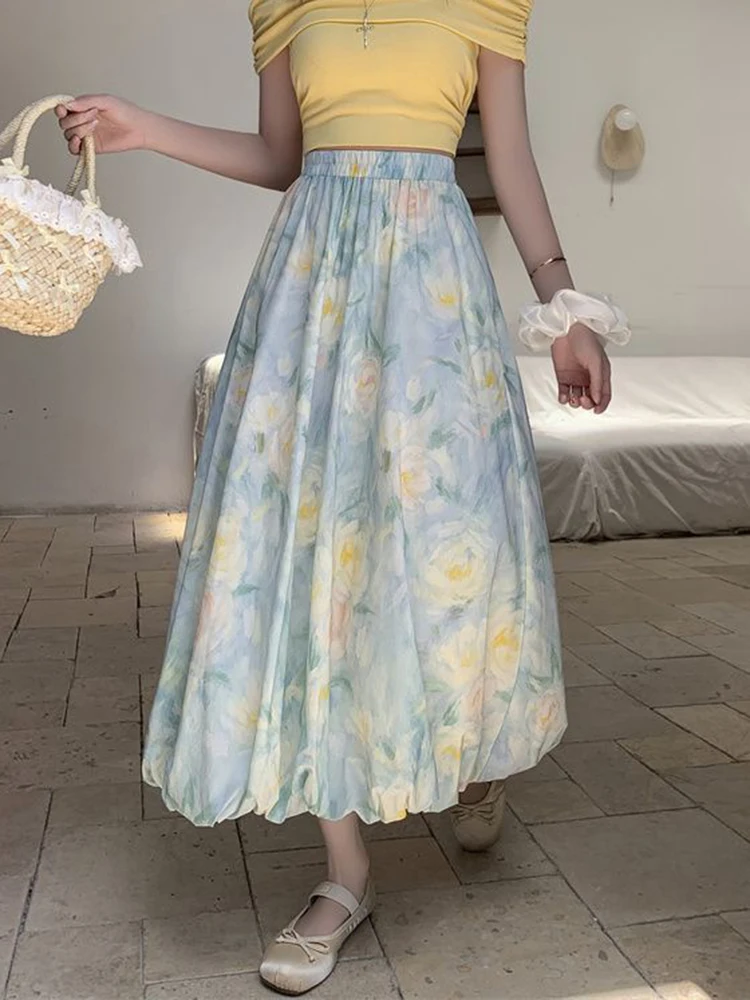 Jmprs Floral Sweet Ball Gown Long Skirt Women Elegant Vintage Korean High Waist Skirts Vintage Casual Female Loose Elegant Skirt