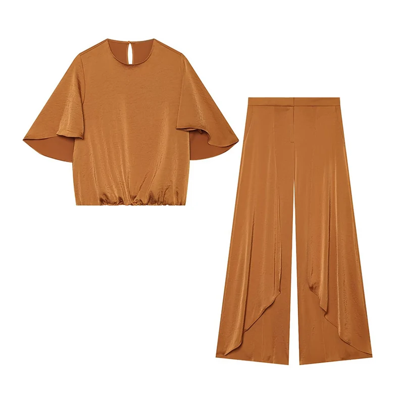O-Ausschnitt Kurzarm Plissee-Oberteil Hosen-Sets Damen Streetwear Einfarbige Lose Blusen-Oberteile Unregelmäßige Weite Hosen Schicke Damen-Outfits – Detail 1