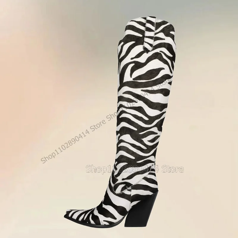 Black White Zebra Print Pointed Toe Boots Slip On Women Shoes Chunky High Heels Fashion Party Banquet 2023 Zapatos Para Mujere