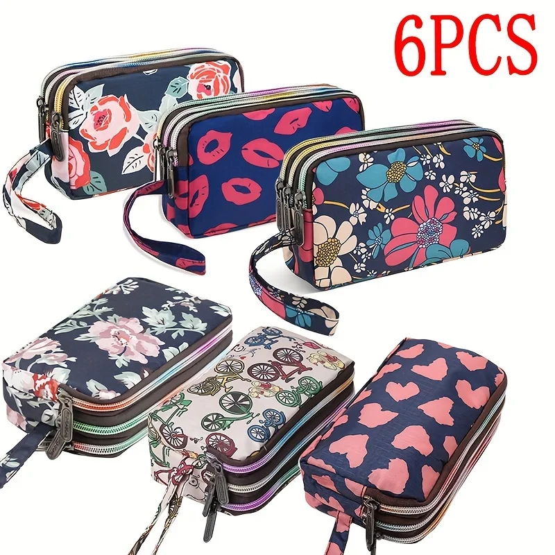 6PCS Fashion Waterproof Fabric Nylon Triple Zipper Cell Phone Bag Ladies Hand Carry Coin Purse Key Bag Tote Coin Bag