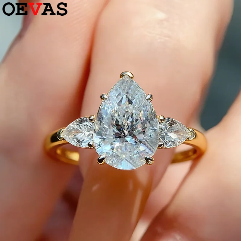 

OEVAS 6CT 10X14MM Pear Cut Full Moissanite Ring for Women S925 Silver Lab Diamond Luxury Wedding Band Fine Jewelry