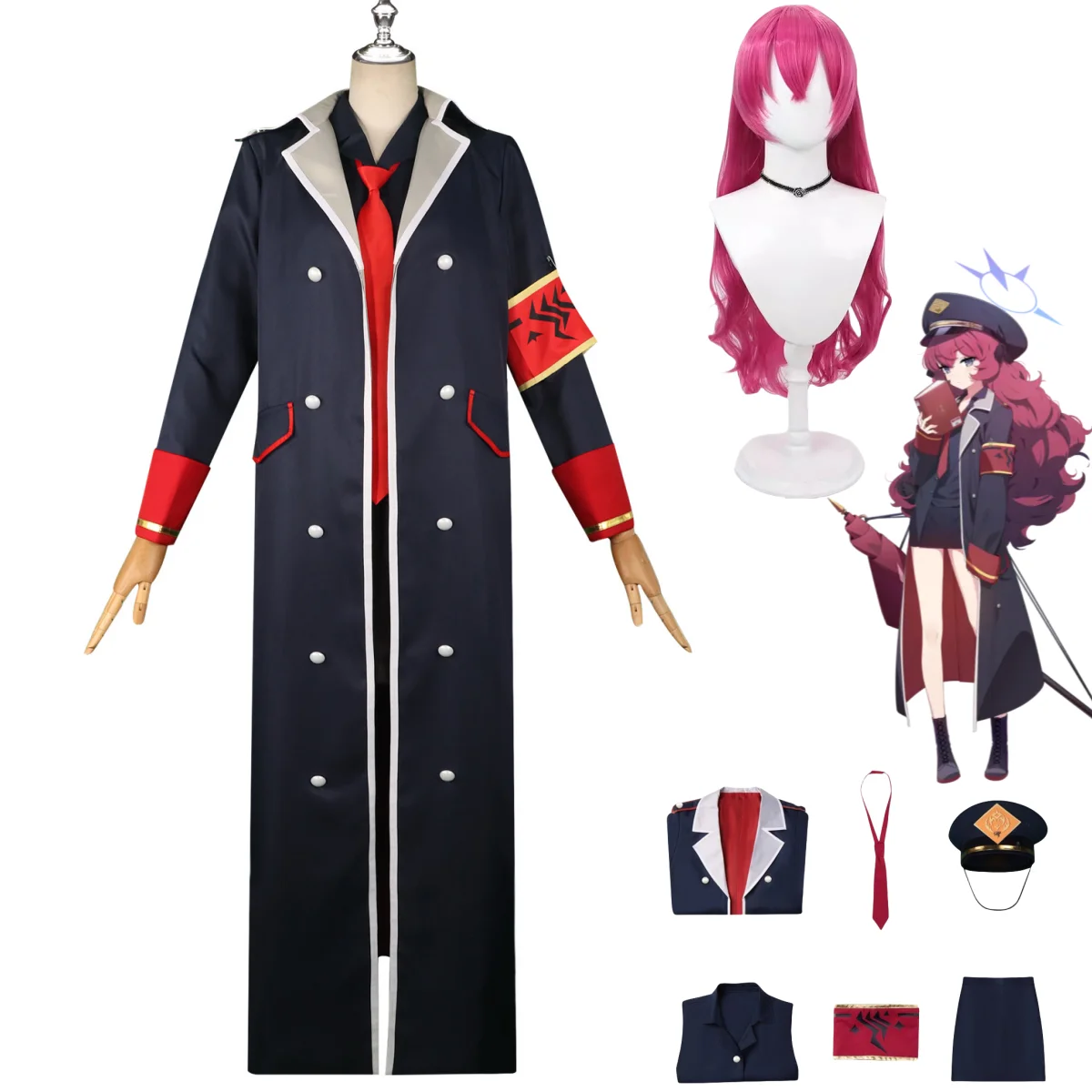 

Anime Game Blue Archive Natsume Iroha Cosplay Costume Wig Black Red Military Uniform Long Coat Skirt Woman Sexy Carnival Suit