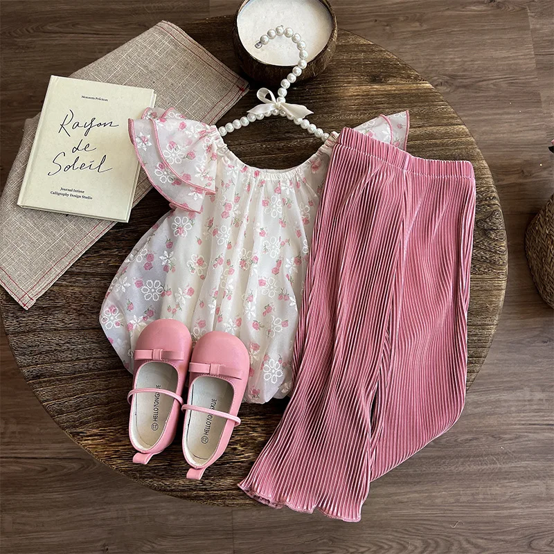 Summer Girls\' Clothing Sets Baby Sweet Flying Sleeve Floral Doll Shirt Top+Striped Mosquito Resistant Pants Elegant Kids Clothes