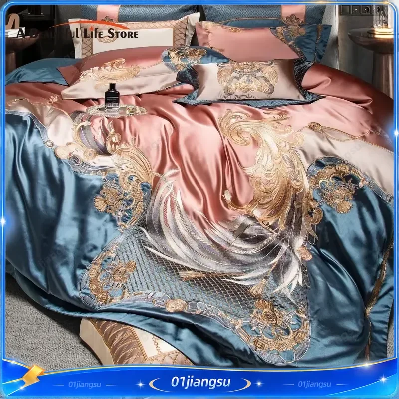 Luxury European Palace Style Gold Embroidery Brocade Egyptian Cotton Bedding Set Duvet Cover Bed Sheet Pillowcases 4 6 10 Pcs