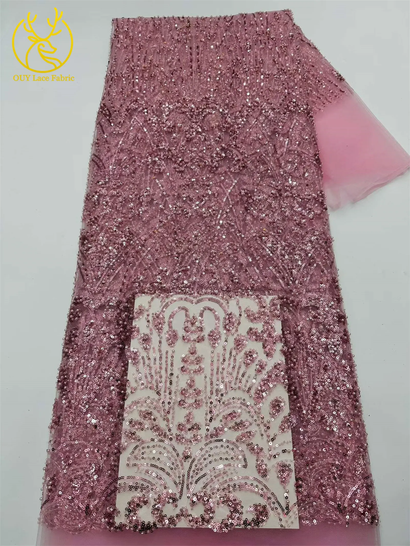 Goldener Luxus-Spitzenstoff mit Perlen und Pailletten, 5 Yards, afrikanischer Spitzenstoff, hochwertiger nigerianischer Netzspitzenstoff für Partykleider und Näharbeiten – Detail 6