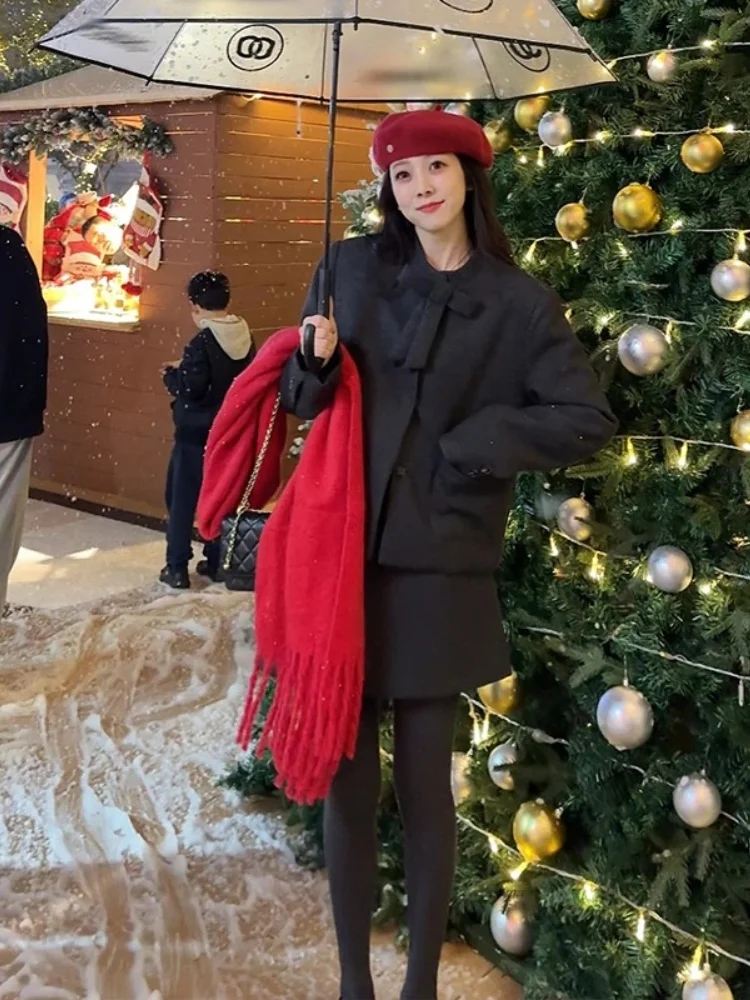 

Women's Spring Fashion High Waist Bow Tie down Jacket And Skirt Set Long Sleeve down Coat Ensemble Elegant Feel
