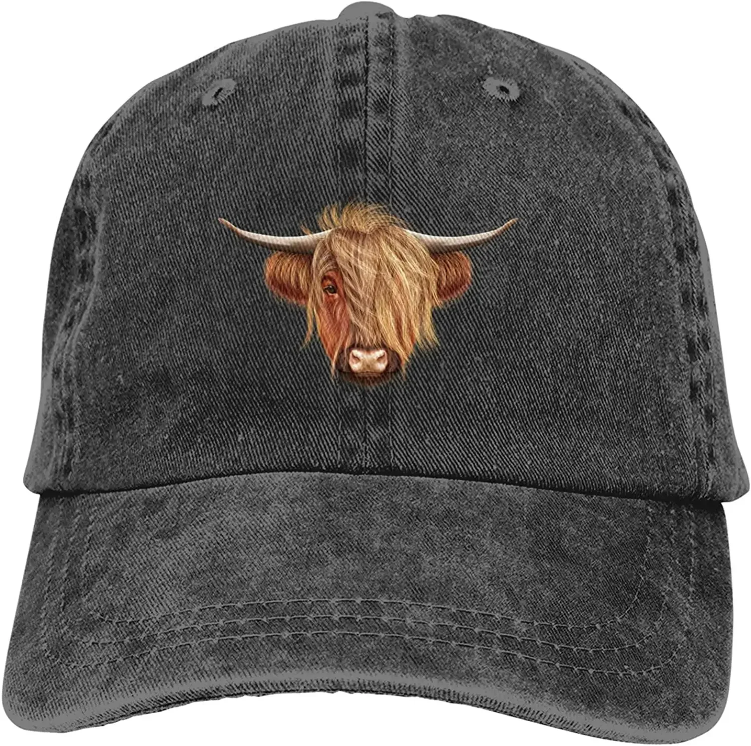 

Scootttish Hairy Highland Cow Hats for Men Women Vintage Baseball Cap Beach Dad Sun Hat Black Deniimm Cotton Caps