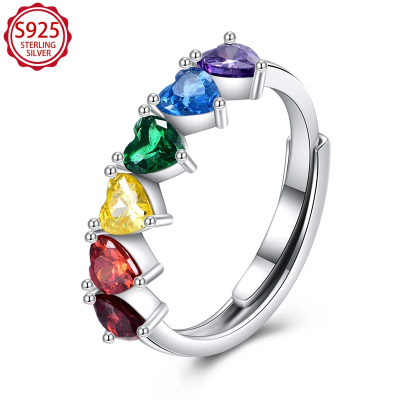 

S925 Sterling Silver Rainbow Heart CZ Ring, Colorful Stackable Band for Birthday Party Women Jewelry