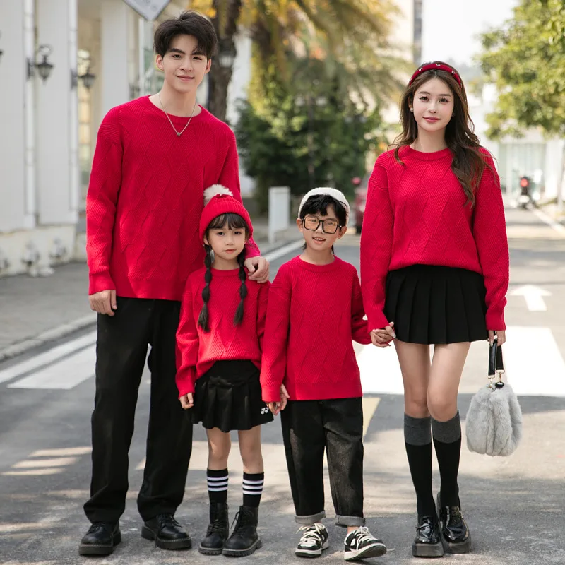 

Christmas Sweater for The Whole Family Knit Tops Happy New Year Mum Daughter Child Matching Jumper Dad Son Boy Girl Red Knitwear