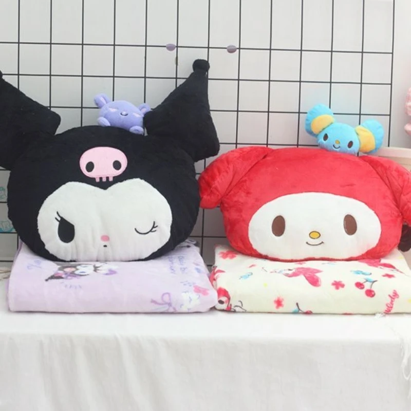 New Sanrio Melody Kuromi Plush Doll Pillow Carpet 2-In-1 Soft Cushion Blanket Pochacco Cinnamoroll Air Conditioning Cushion