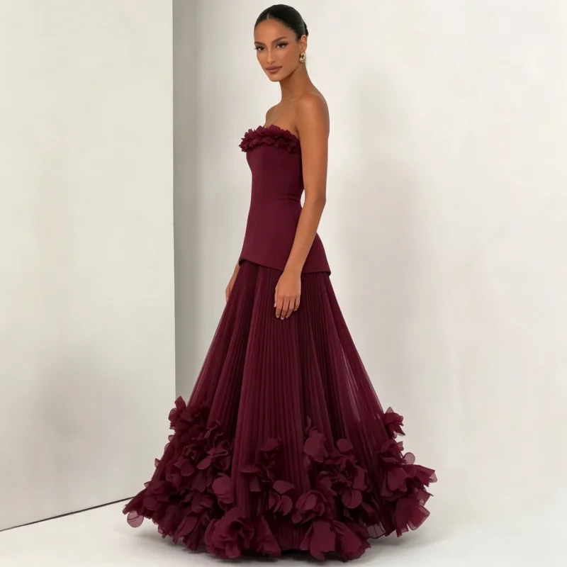 Elegant Strapless Corset Formal Gown 3D Floral Trim Pleated Chiffon Maxi Skirt Lace Up Back Evening Party Dress