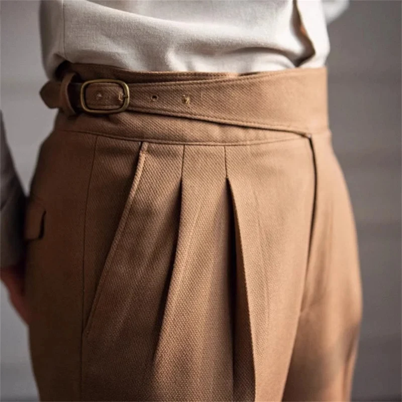 2026 New Men Suit Trousers Spring Autumn Trendy Belt High Waist Pants Male Business Office Pleated Straight Pants Streetwear