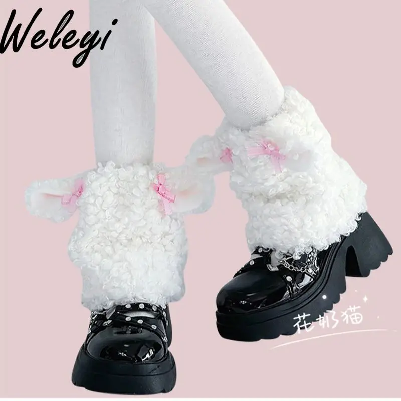 

Warm Jirai Kei Cute Ear Bow White Plush Leg Cover Women's Autumn and Winter Original Lolita Girls Thickened Furry Socks Cover