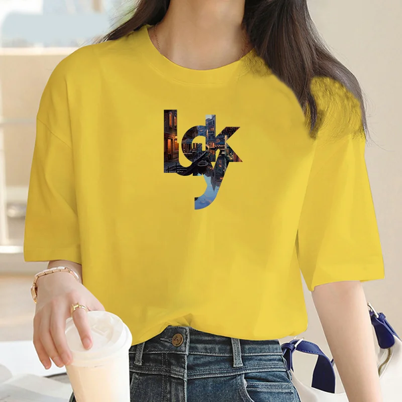 Letter T-shirt Landscape LUCKY Printed top T-shirt Fashion luxury brand Y2K Street T-shirt blouse o collar short sleeves