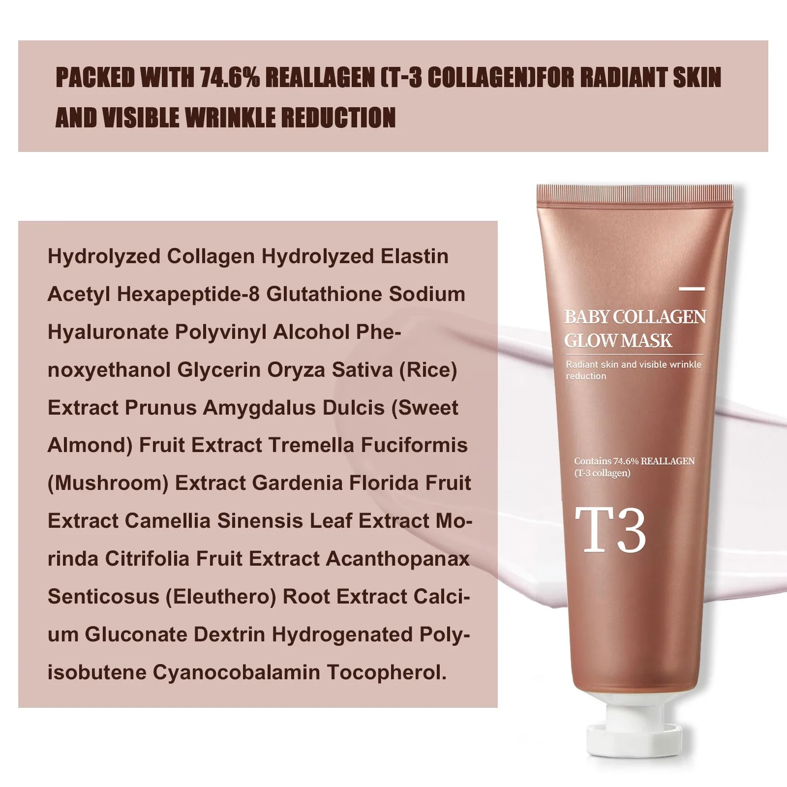 Máscara de colágeno T3, máscara brillante de colágeno para bebé T3, máscara exfoliante de colágeno, máscara facial coreana para hacer piel brillante, elasticidad de la piel reafirmante