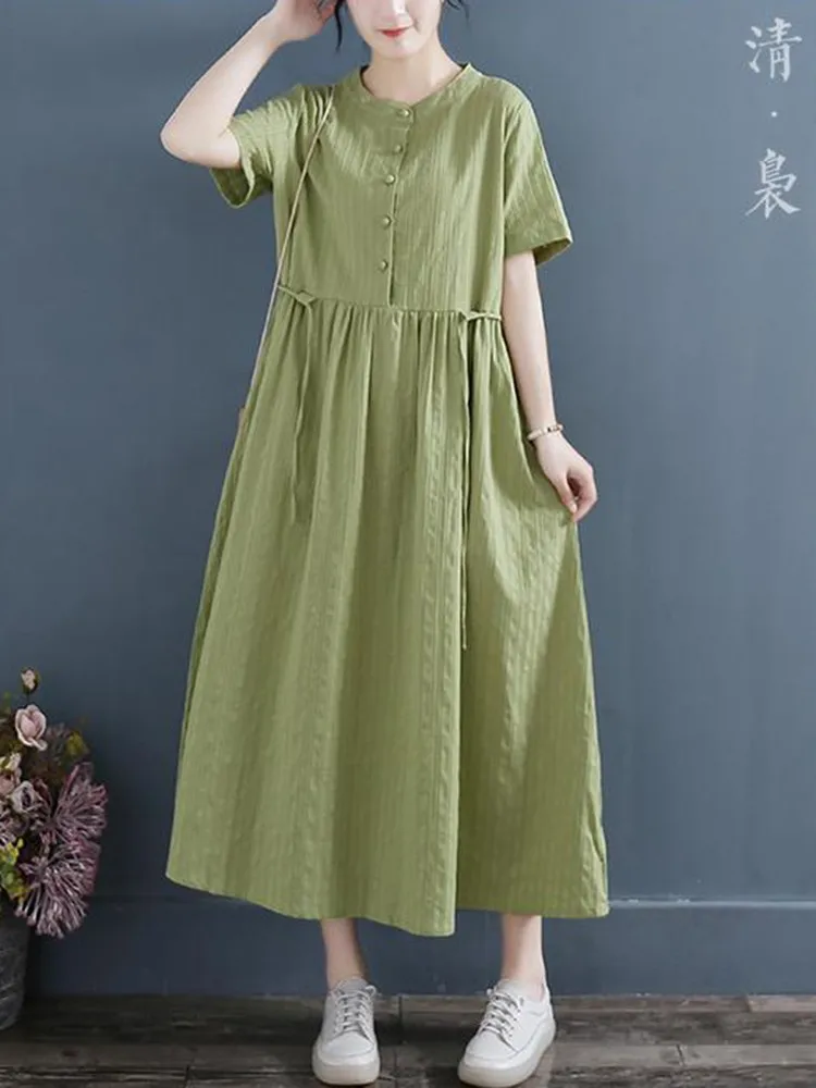 High Quality Women Casual Dresses New Arrival 2023 Summer Vintage Style Solid Color Loose Female Cotton Long Dress D524