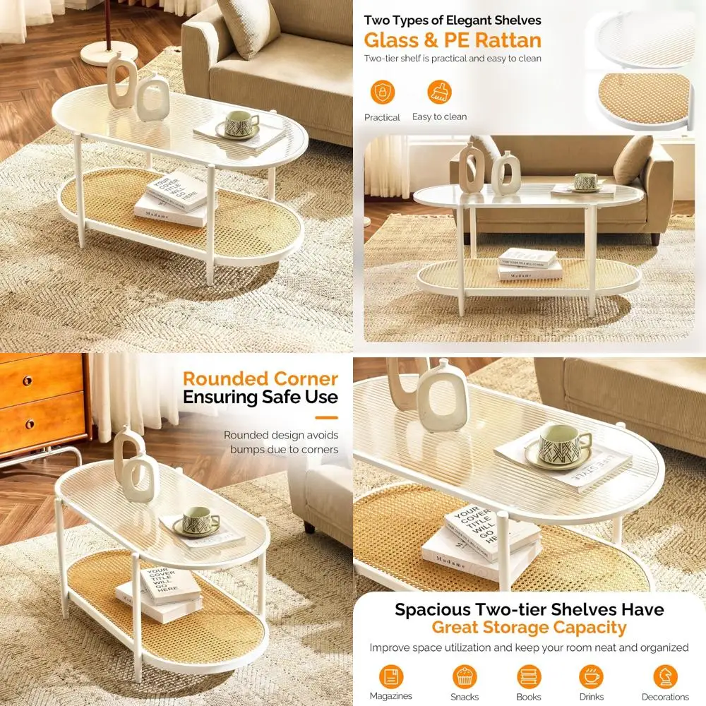 

Modern 2-Tier Glass Metal Coffee Table with Rattan Oval Design and Farmhouse Style Storage Solution