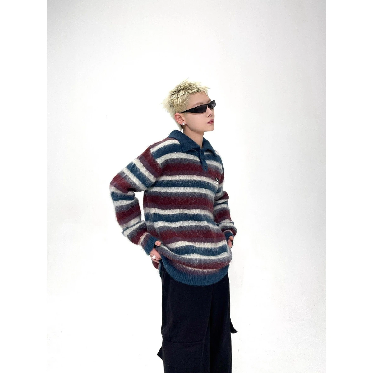 American Sle Lazy Vintage Suelto Ne Rayas Suéter ex Otoño Invierno Cuello clásico Top Moda Suave Poliéster Kni...