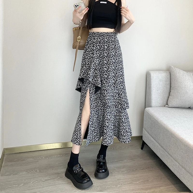 Early spring summer chiffon ruffle floral irregular A-line skirt women 2025 new high waist versatile split mid length skirt