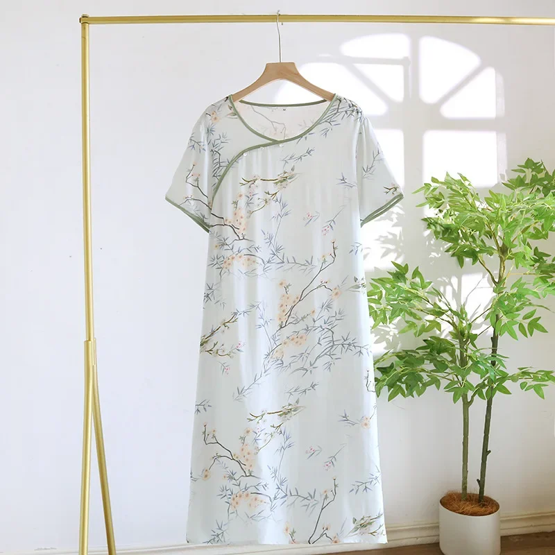 

Хлопковая ночная рубашка из бамбуковой ткани для женщин, летняя свободная одежда для сна зеленого цвета в национальном стиле, Vestido Mujer