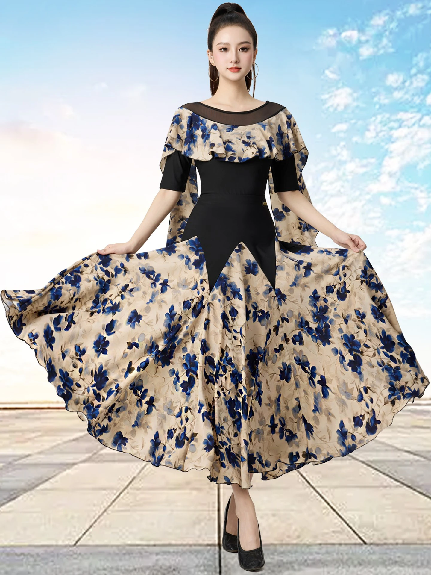 2025 ใหม่ผู้หญิงพิมพ์กระโปรงโมเดิร์นเต้นรํากระโปรงฝึกเสื้อผ้า Chacha Rumba Tango ผู้ใหญ่หญิงห้องบอลรูมเต้นรํา DQL11273