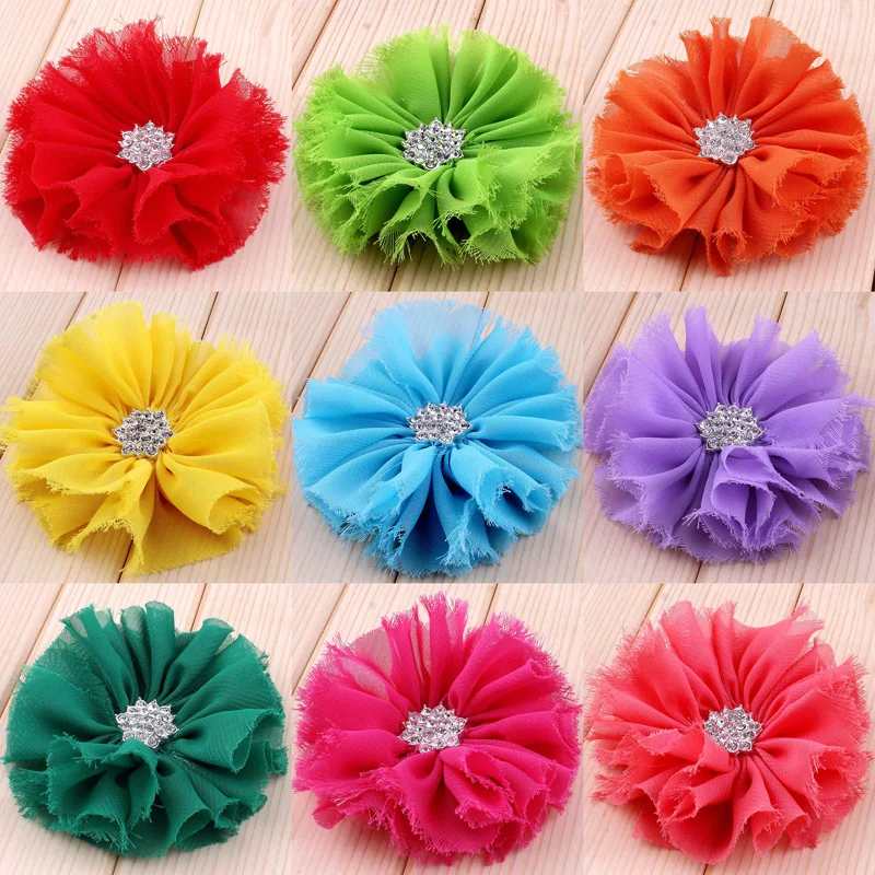 

120pcs/lot 3" 16colors Hair Clips Frayed Chiffon Flower With Snow Rhinestone Button Fluffy Fabric Flowers For Headbands DIY