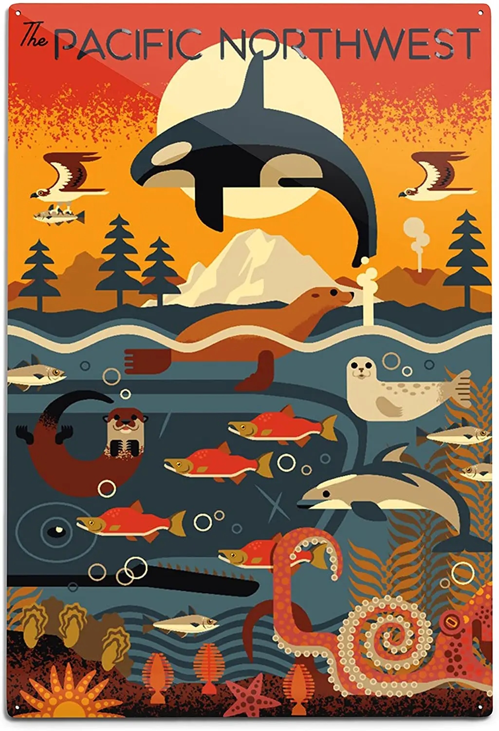 Lantern Press Pacific Northwest, Marine Animals, Geometric 87042 (12x18 Aluminum Wall Sign, Metal Wall Decor) sign
