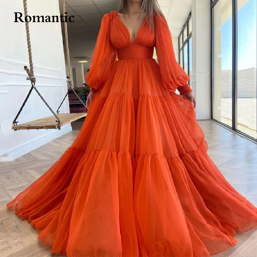 Romântico mangas compridas puff vestidos de baile com decote em v plissados chiffon princesa vestidos de noite feminino formal vestido de festa plus size 2022