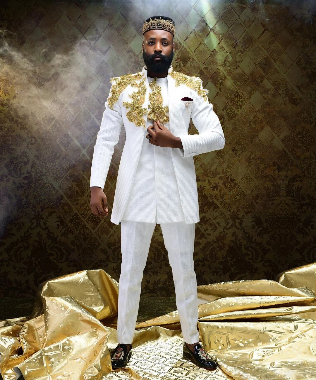 Luxury Men Suits White Groom Wear Wedding Tuxedos Gold Beading Jacket Pants 3 Pieces Prom Party Dress Blazer Set
